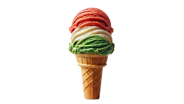 Tri-color Italian gelato cone with red, white, and green layers, symbolizing the Italian flag, on a transparent PNG background. Ideal for cultural celebrations, festive menus, or culinary events.