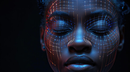 Biometric facial recognition of calm young woman , isolate on black background