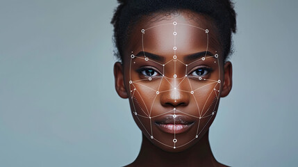 Biometric facial recognition of calm young woman , isolate on light background