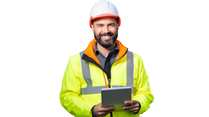 Portrait of engineer construction man holding digital tablet or computer notebook. Image of industry. White transparent background.