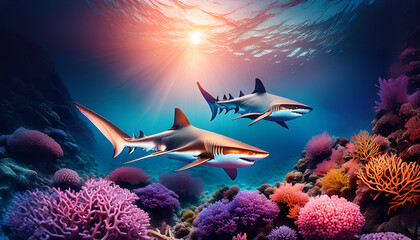 太陽に照らされるサンゴが綺麗な深海のサメ
