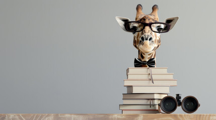 Fototapeta premium Giraffe in a bow tie and glasses, peeking out from behind a tall stack of books, with a pair of binoculars and a map on a nearby table on a light background