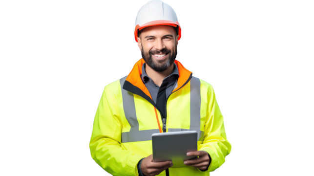 Portrait of engineer construction man holding digital tablet or computer notebook. Image of industry. White transparent background.