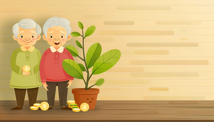 Pension concept. Elderly couple illustration, coins and sprout on wooden table