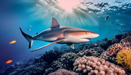 Fototapeta premium 太陽に照らされるサンゴが綺麗な深海のサメ