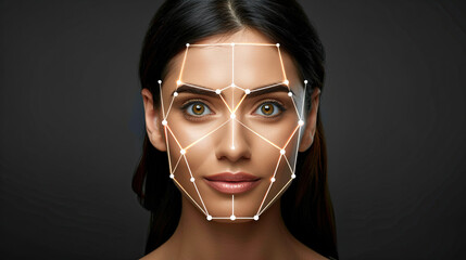 Biometric facial recognition of calm young woman , isolate on black background