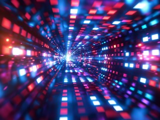 Abstract illuminated tunnel with vivid blue and red light squares creating a sense of high-speed motion.