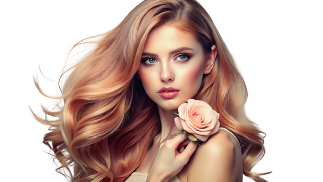 "Blushing Rose": Soft, medium-long hair with a delicate rose gold tint, glowing against a white backdrop, infusing a touch of romance and femininity.