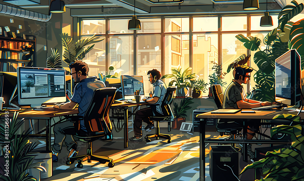 Poster office space exploration dynamic illustrations. generative ai