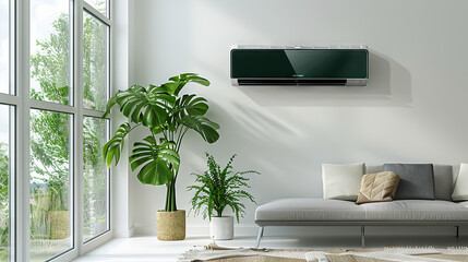An air conditioner installed on a dark green wall complements the indoor plants in the room	