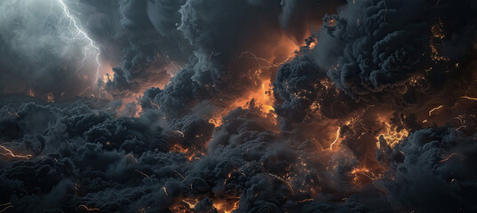 Black storm clouds with lightnings and smoke