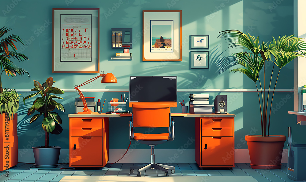 Poster office space exploration dynamic illustrations. generative ai