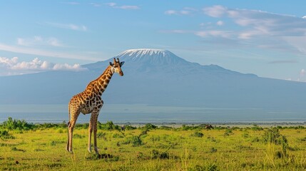 Obraz premium Giraffe at kenya national park with mount kilimanjaro in the background, africa scene