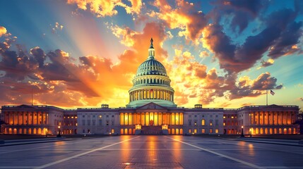 Fototapeta premium Dramatic Sunset over Iconic Government Building, Majestic Skies and Architecture, Ideal for Political Themes and Travel Brochures. AI