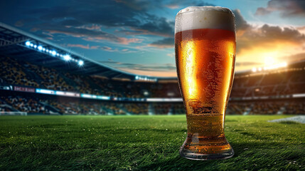 Glass of beer and soccer ball against the background of the stadium