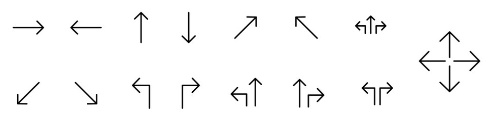 Shopping Mall, public place icons set. Set of direction arrows. Modern linear outline vector. Left and right navigation signage. Up and down information boards. Graphics pictograms sign.