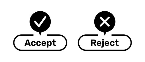 Accept and Reject buttons with right and wrong symbols. Right and Wrong symbols with Accept and Reject buttons black color. Tick and cross symbols with accept and reject buttons.