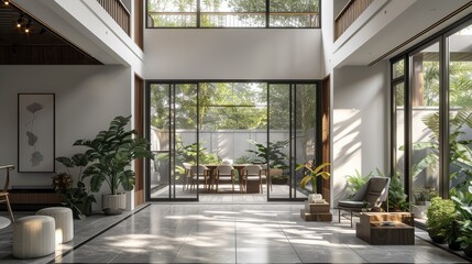 Fototapeta premium A Chinese style courtyard house with white walls and black tiles, floor-to-ceiling windows, a dining table, chairs, coffee tables, and plants. Generative AI.