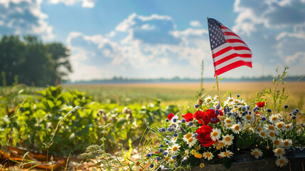 Honorable Tribute flag by flowers in tranquil field.