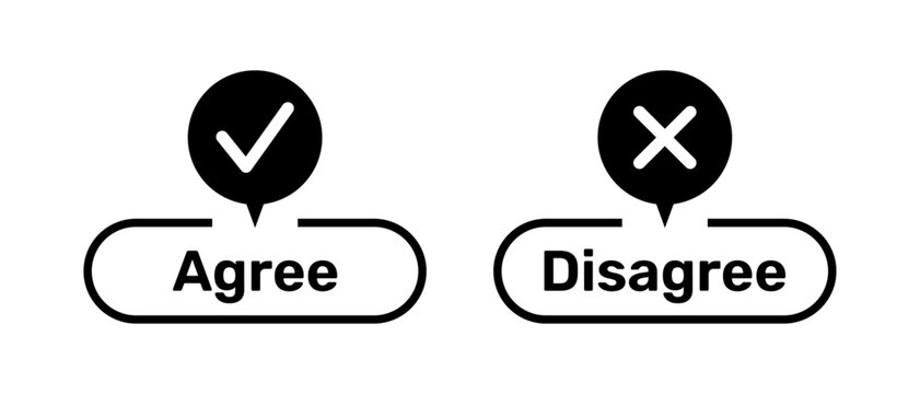 Agree and Disagree buttons with right and wrong symbols. Right and Wrong symbols with Agree and Disagree buttons black color. Tick and cross symbols with agree and disagree buttons.