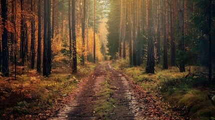 Fototapeta premium Forest path dirt road in the autumn woodland