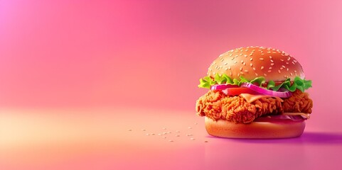 Chicken burger on a pink background - obrazy, fototapety, plakaty