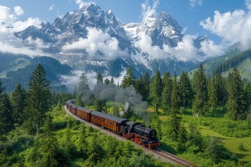 Obraz premium A breathtaking view of a vintage train traveling through lush greenery with towering, snow-capped mountains in the background