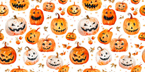 Seamless Halloween design with different funny orange pumpkins on a white background, Background, pattern, watercolor Halloween illustration, wrapping paper or textile - obrazy, fototapety, plakaty