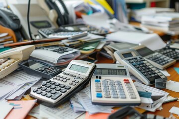 Calculators on a cluttered desk in a busy accounting office