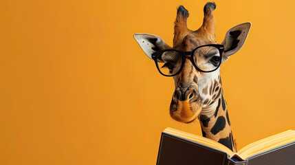 Giraffe with glasses reads a book , on orange background with space for text