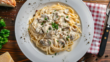 Creamy-cheese-mushroom sauce on spagetti in in the middle A white plate with, top view - obrazy, fototapety, plakaty