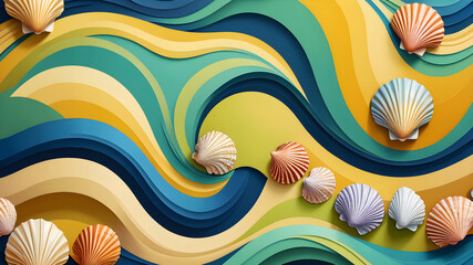 seashells in the waves of a stormy sea. dynamic illustration.	 - obrazy, fototapety, plakaty