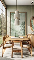 Modern dining room interior with wooden table, chairs and decorative painting on the wall in soft green color.  - obrazy, fototapety, plakaty