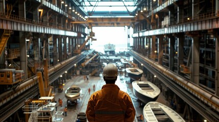 A worker in a hard hat and coveralls looks out over a shipyard. Water transport industry, logistics ,Cruise ship production,Transportation ship production
