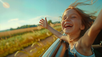 A happy girl waving from inside a car, set against a backdrop of the sky. A moment of excitement or joy during a car ride in a scenic outdoor setting. Feeling of freedom while traveling - obrazy, fototapety, plakaty
