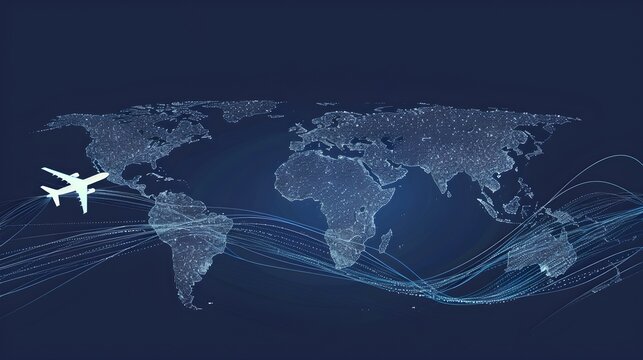Airplane navigating the global skies with dynamic lines. Worldwide travel concept design. Illustration for connectivity and network. Dark theme with a modern look. AI