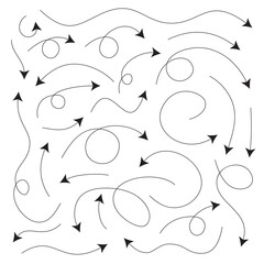 Thin arrows lines collection. Black simple spiral swirl wavy signs isolated on white background. Trendy modern abstract vector illustration
