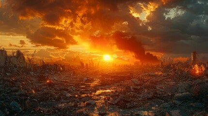 A desolate landscape with a bright orange sun in the sky