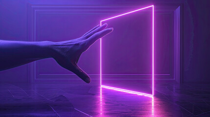 Human hand interacting with geometric glowing figure, rectangle over abstract minimal violet black background in neon light