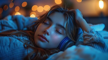 A young caucasian woman lying on a sofa at night, lost in the world of music. Generative AI. - Powered by Adobe