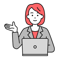 案内するノートパソコンで仕事をしているスーツの女性