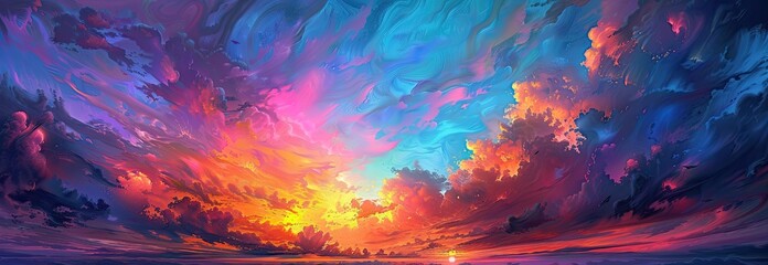 a painting of a sunset sky with clouds and the sun shining through them