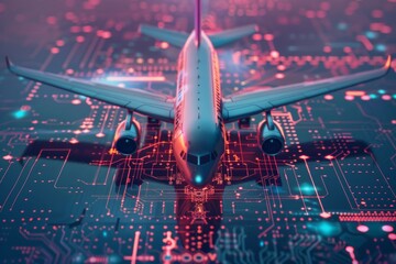 Exploring the potential of digital replicas in aviation tech: image of a microchip with an aircraft and futuristic features - obrazy, fototapety, plakaty