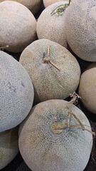 Close up pile of fresh melons placed together in local market as a background.	
