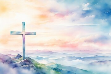 Abstract Christian watercolor painting background with the depiction of a cross over the mountain and copy space to add text - obrazy, fototapety, plakaty