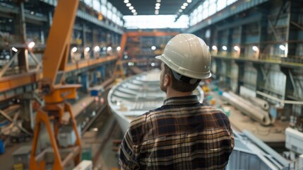 A man in a hard hat looking at a large ship under construction. Water transport industry, logistics ,Cruise ship production,Transportation ship production
