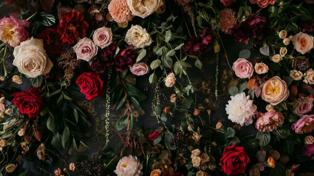 Renaissance Inspired Floral Backdrop with Climbing Roses and Peonies on a Dark, Moody Background with Baroque Gold Filigree Accents