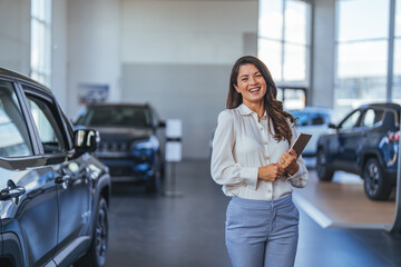 Cheerful young woman with clipboard smiling and looking at camera while working in modern car...