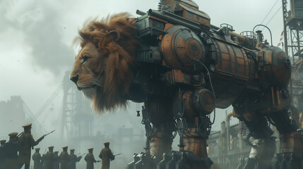 The Machine Lion with Soldiers - obrazy, fototapety, plakaty