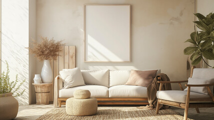 Mock up frame in Earth Tone living room interior, farmhouse style.